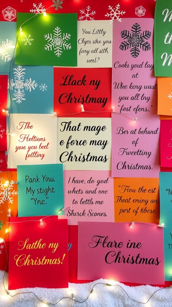 Christmas Quotes Background Recipe A colorful Christmas quotes background with decorations and quotes, illuminated by string lights.